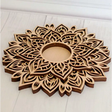 Wooden mandala design candle holder featuring intricate laser-cut floral patterns