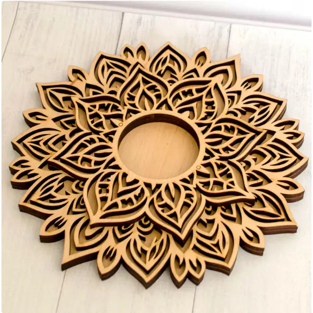 Intricate Mandala Design Wooden Candle Holder with layered petal designs