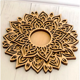 Intricate Mandala Design Wooden Candle Holder with layered petal designs