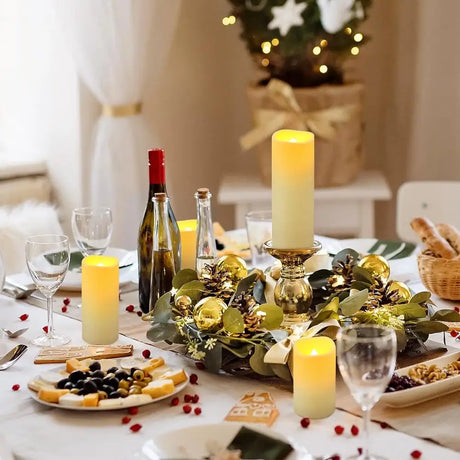 Festive holiday table setting featuring LED flameless candles with real flame effect