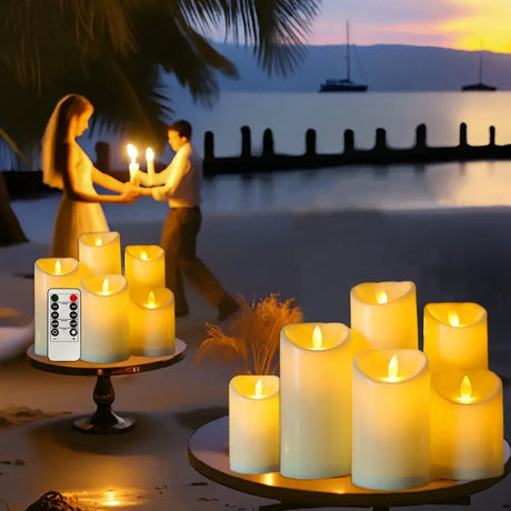 Battery-operated LED flameless candles with real flame effect on decorative stands