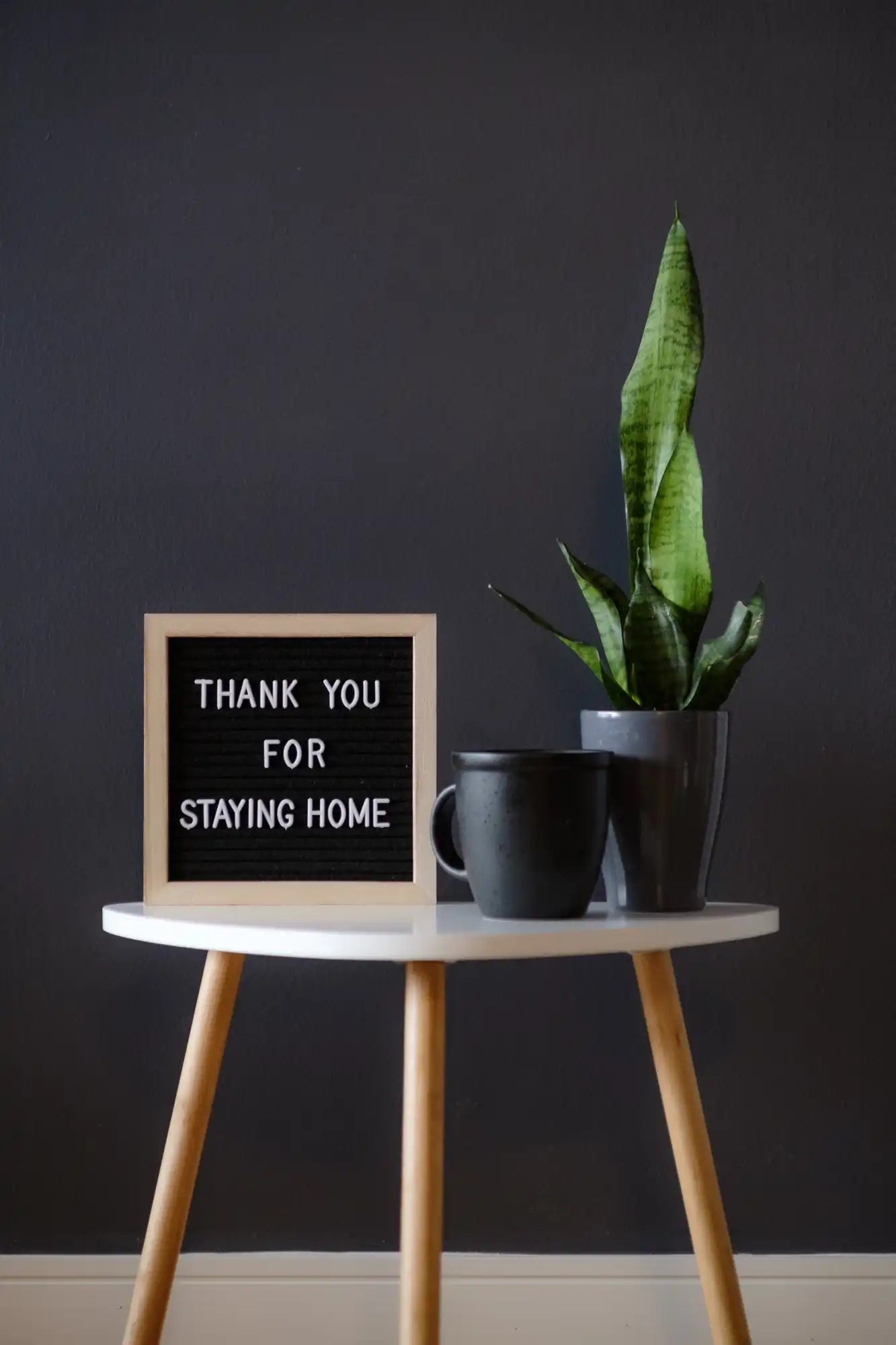 Letter board with ’THANK YOU FOR STAYING HOME’ message sits alongside a potted snake plant on a round side table.