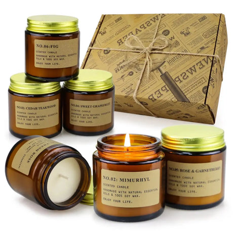 Amber glass scented candles in gift box, soy wax with kraft paper labels and gold lids