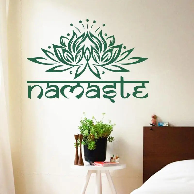 Green Namaste wall art decal featuring a lotus flower design for stylish decor