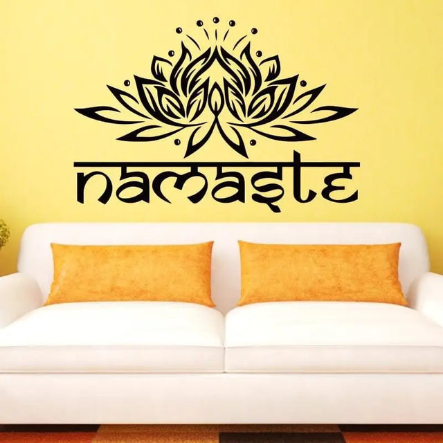 Black Lotus Flower Namaste wall art decal with decorative Sanskrit lettering