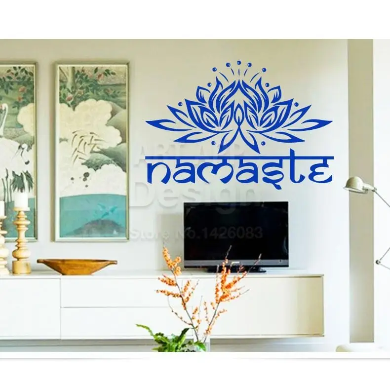 Blue lotus flower wall decal with Namaste text for serene wall art decoration