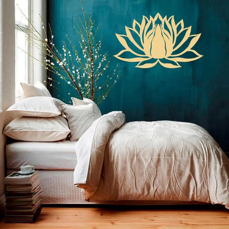 Golden Lotus Flower Vinyl Sticker Wall Decal on Teal Wall for Home Decor