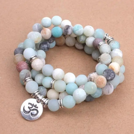 Multi-colored Amazonite Beaded Wrap Bracelet with Om Charm, a beautifully hand-crafted mala beads bracelet