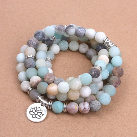 Multi-strand beaded mala bracelet with Amazonite stones and Lotus charm pendant