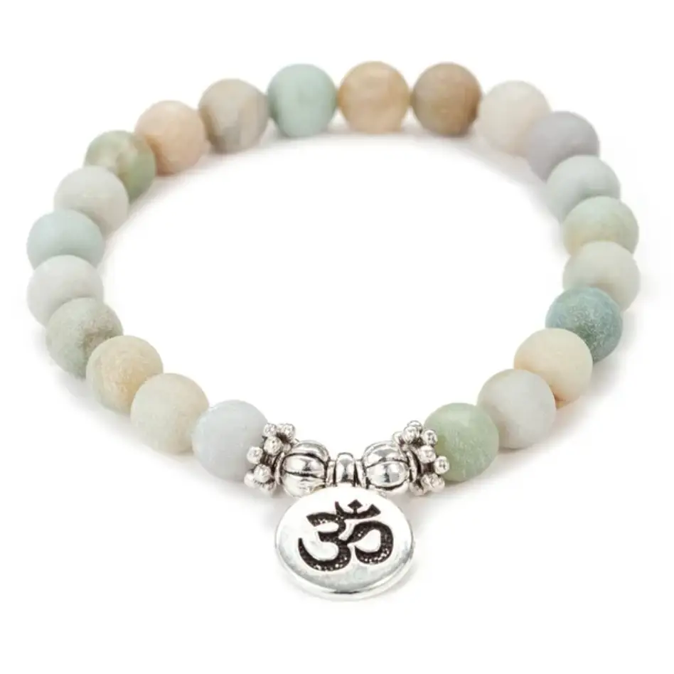 Beaded mala beads bracelet with matte Amazonite stones and silver Om charm pendant