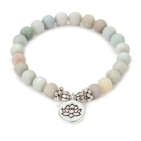 Pastel-colored mala beads bracelet with a lotus charm pendant, beautifully hand-crafted