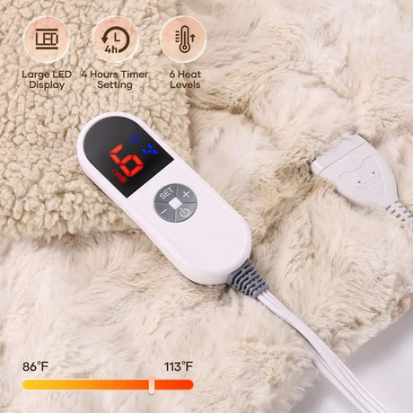 White heating pad controller with LED display for Luxurious Soft Faux Fur Heated Throw Blanket