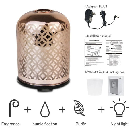 Luxury glass essential oil diffuser with rose gold dome and geometric lattice design