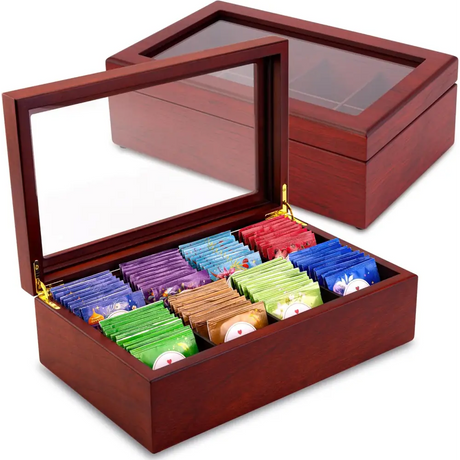 Luxury Handmade Wooden Tea Chest with glass lid and colorful tea packets organized