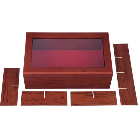 Luxury handmade wooden tea chest featuring a glass top and 8-compartment dividers