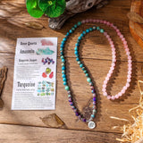 Beaded necklace with Turquoise, Purple, and Pink gemstones for Mala Beads and Rose Quartz