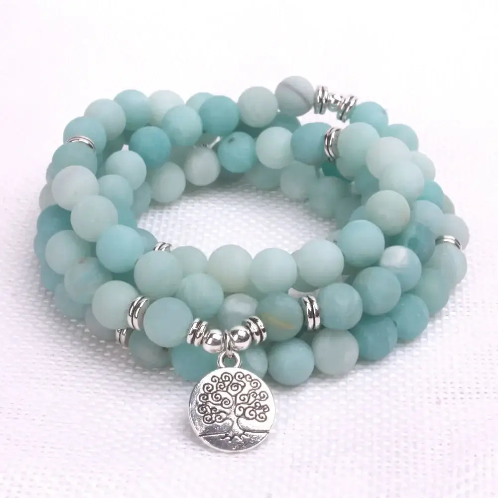 Multi-strand mala beads bracelet with frosted aqua stones and silver tree of life charm