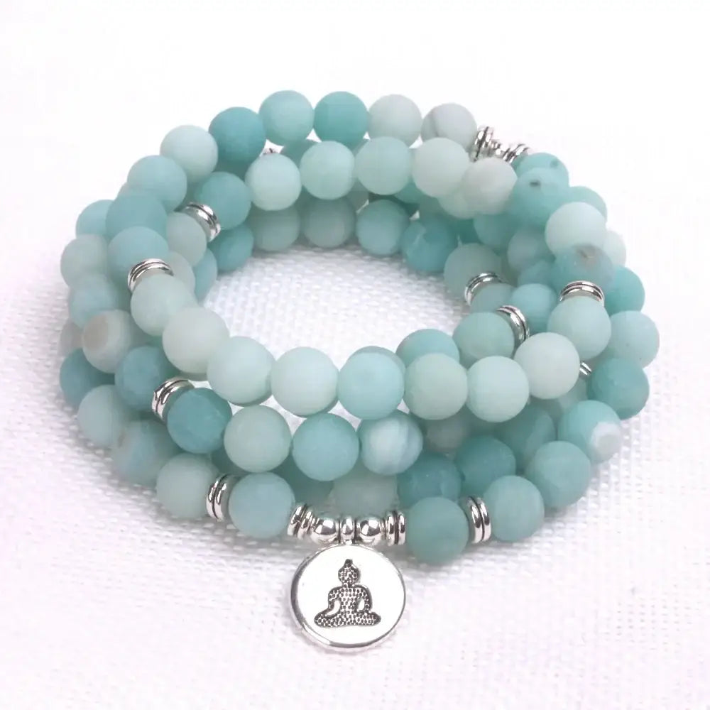 Frosted aqua mala beads bracelet with silver Buddha charm for spiritual jewelry