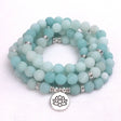 Matte aqua blue mala beads bracelet with silver lotus charm, spiritual jewelry gift