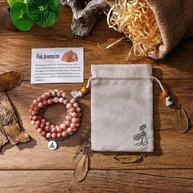 Pink Aventurine Mala Beads Bracelet with Lotus OM Buddha Charm Pendant for spiritual jewelry