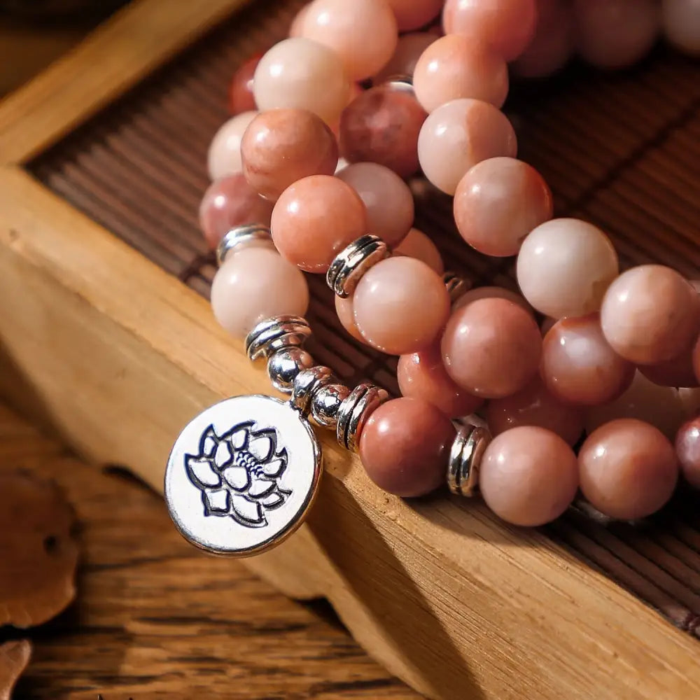 Pink Beaded Bracelet with Lotus Flower Charm - Mala Beads Jewelry in Pink Aventurine