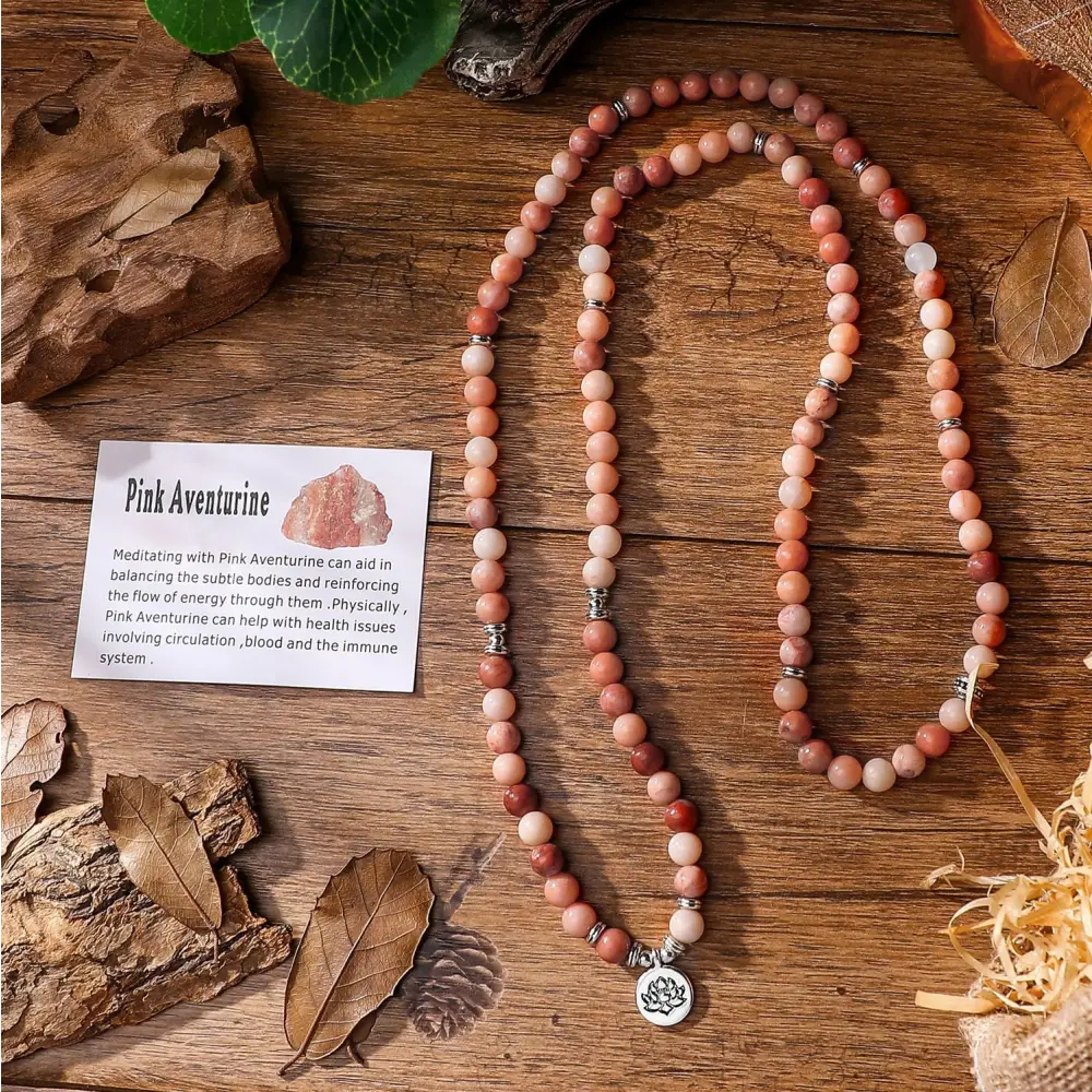 Pink Aventurine mala beads necklace with Lotus OM Buddha charm pendant for spiritual wear