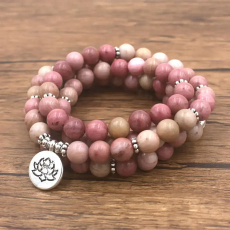 Pink Rhodonite Mala Beads Bracelet with Lotus Charm - Spiritual Jewelry for Mindfulness