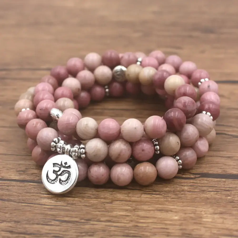 Pink Rhodonite Mala Beads Bracelet with Silver Om Charm for Spiritual Jewelry