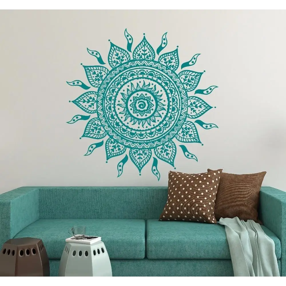 Turquoise Mandala Lotus Flower Wall Art Decal with Floral and Geometric Patterns