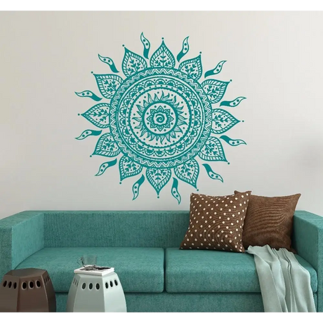 Turquoise Mandala Lotus Flower Wall Art Decal with Floral and Geometric Patterns