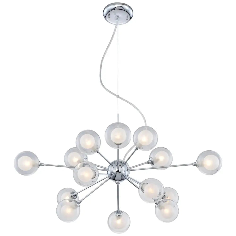 Modern chrome chandelier with frosted glass in a starburst design above a Mid Century Modern dining set