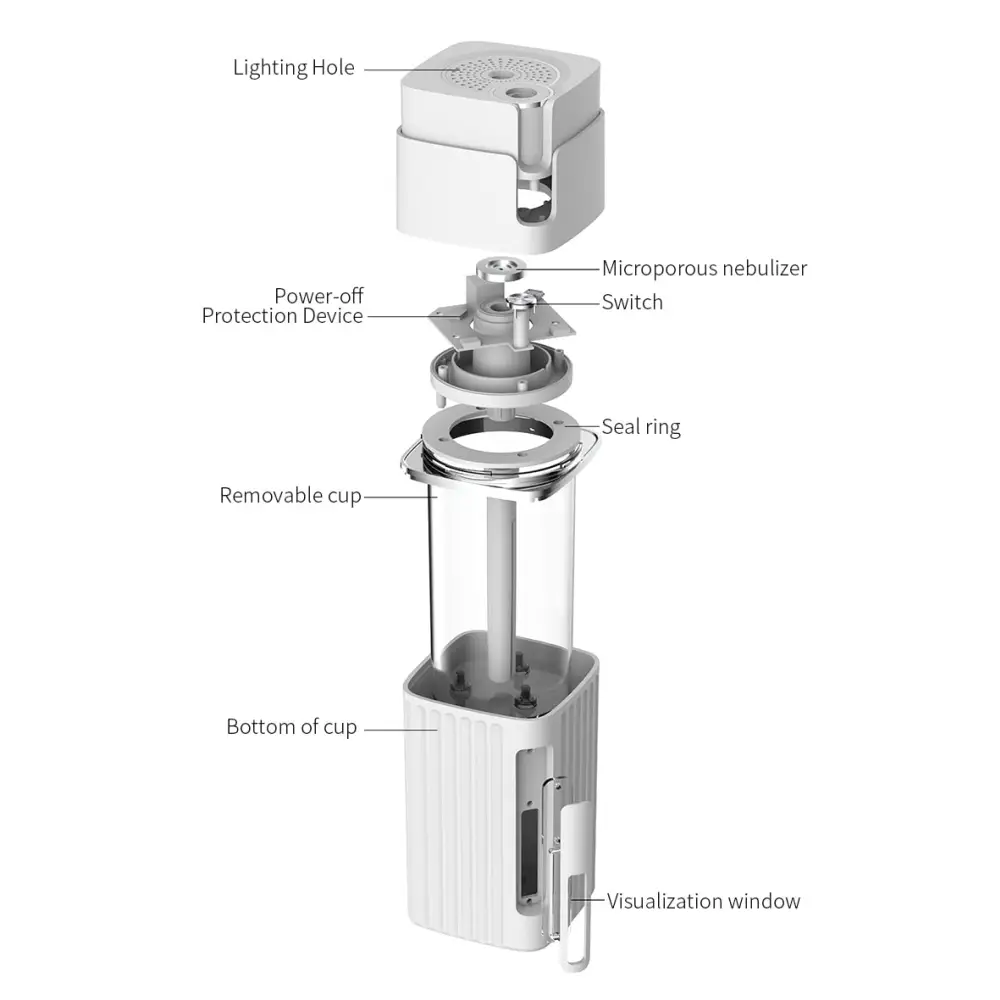 Technical diagram of Mini Essential Oil Diffuser with LED night light components