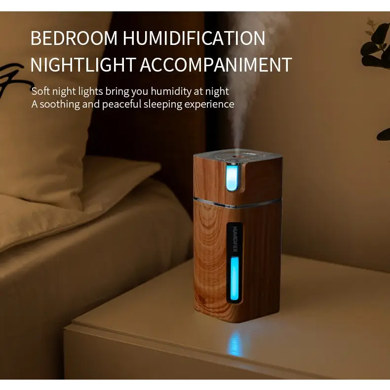 Wooden humidifier with blue LED lighting as an essential oil diffuser and night light