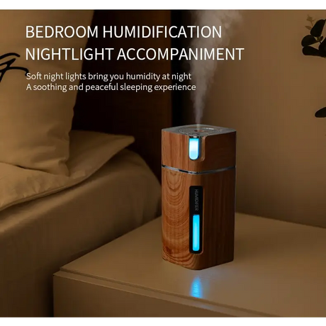 Wooden humidifier with blue LED lighting as an essential oil diffuser and night light