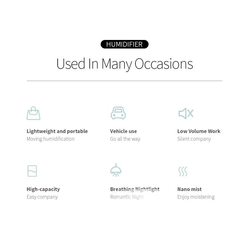 Infographic of six humidifier features for the Mini Essential Oil Diffuser with LED Night Light