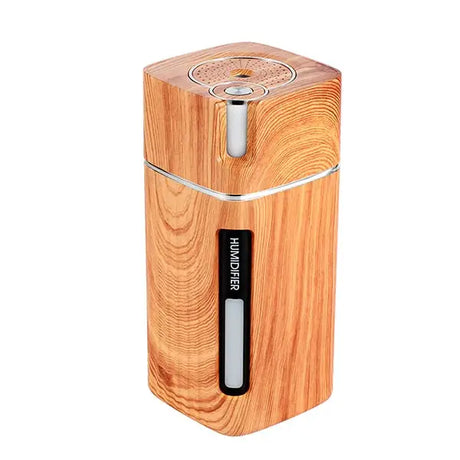 Wood-grain electronic oil diffuser with LED night light and silver accents