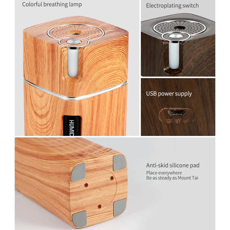 Wood-grain essential oil diffuser with USB power and colorful LED night light