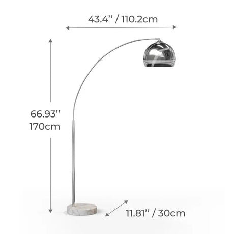 Curved arc floor lamp with chrome dome shade and marble base in modern design