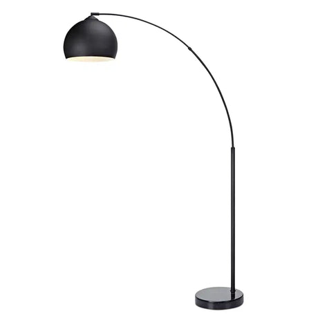 Black arc floor lamp with a dome shade and circular base for modern interiors