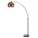 Curved black arc floor lamp with colorful copper dome shade for modern decor