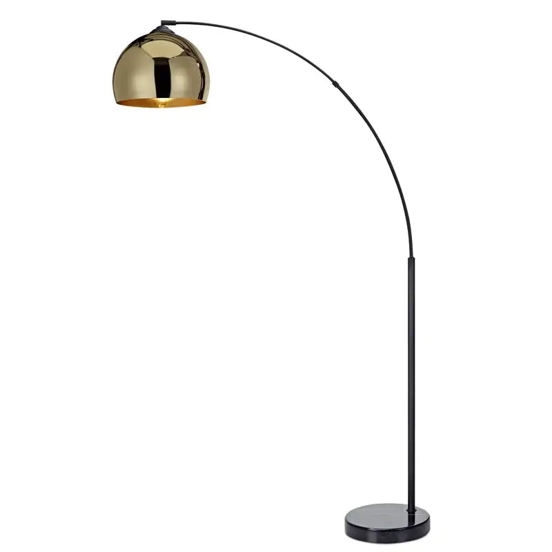 Modern arc floor lamp featuring a metallic gold dome shade and sleek black stand