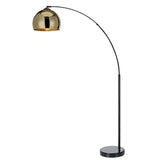 Modern arc floor lamp featuring a metallic gold dome shade and sleek black stand