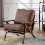 Modern Brown Leather Accent Chair with wooden frame and removable cushions for style