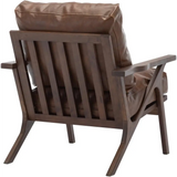 Modern Brown Leather Accent Chair with Wooden Frame featuring removable cushions and slat back