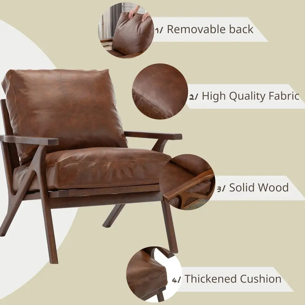 Brown leather accent chair with wooden frame and removable cushions for modern decor