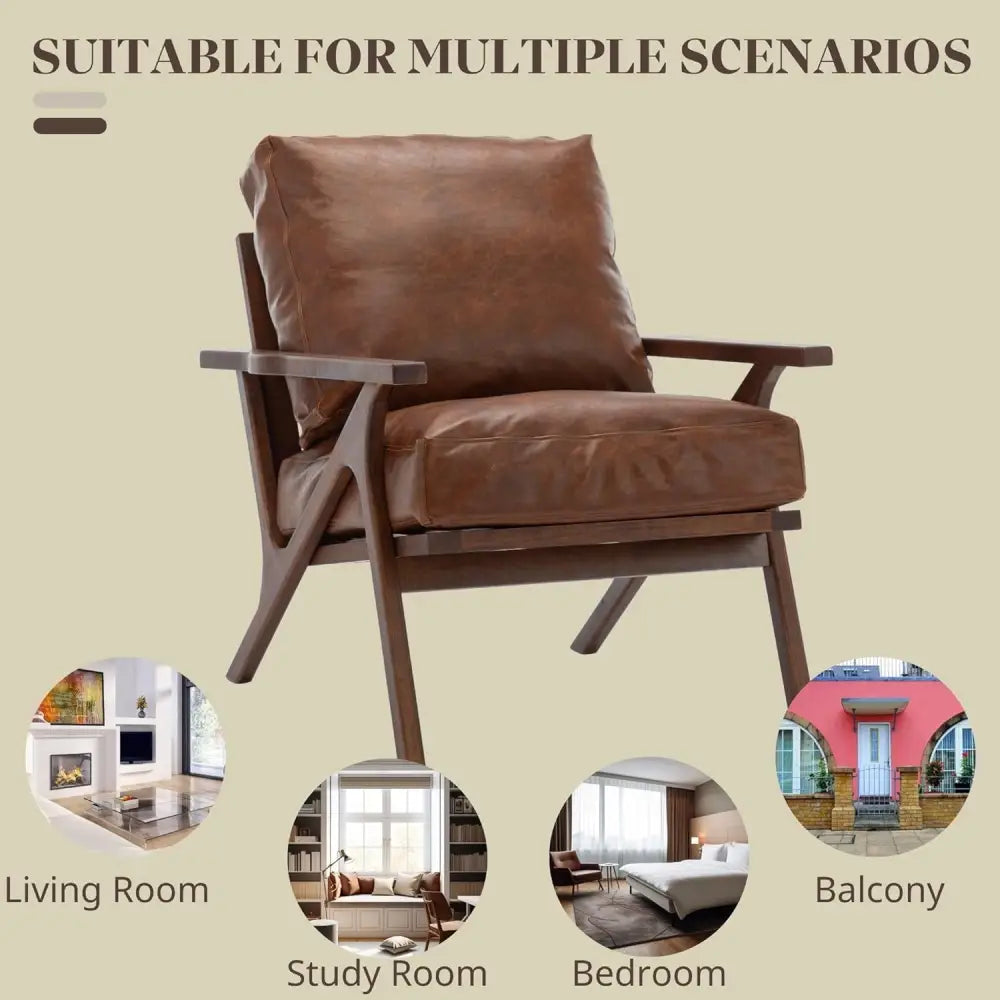 Modern Brown Leather Accent Chair with wooden frame and removable cushions