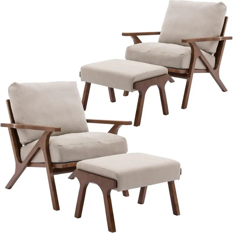 Mid-century modern accent chair in beige with removable cushions and walnut wooden frame