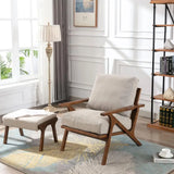 Modern Brown Leather Accent Chair with Wooden Frame and removable cream cushions