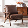 Mid-century modern brown leather accent chair with removable cushions and wooden frame