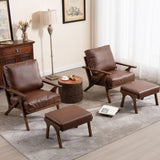 Modern brown leather accent chair with footstools and tree stump side table